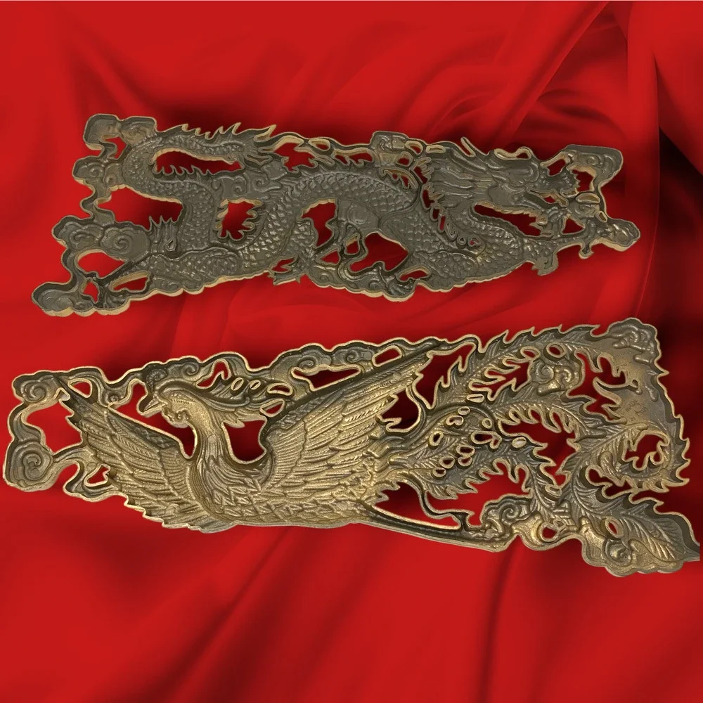 Vintage Dragon & Phoenix Wall Plaques Gold Tone Molded Resin Asian Decor 18